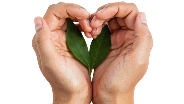 Two Hands Forming a Heart Shape Around Green Leaves on Transparent Background