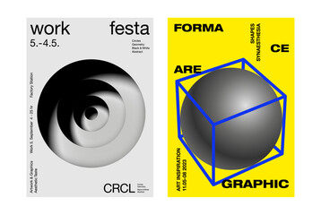 3d graphic shapes with bold text layout abstract poster design exploring contrast, depth, and typographic balance monotone yellow blue black flyer banner printing graphics artwork aesthetic