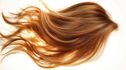 Fototapeta premium Close-up of flowing, light brown hair strands gently moving against a white background, evoking a sense of softness and natural beauty