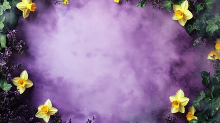 Dreamy Floral Frame with Lavender and Daffodils on a Soft Purple Hued Background