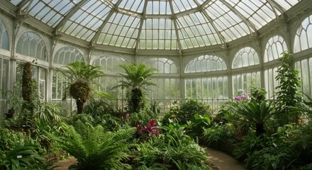 Botanical Oasis: A serene glasshouse houses lush greenery, plants and flowers under a bright sky, creating a natural, vibrant atmosphere