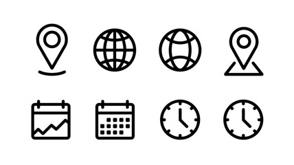 Time, date and location icon set in line style, Containing hourglass, pin, stopwatch, calendar, clock, gps point, flag point, globe point and more, vector illustration