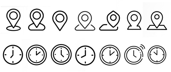 Time, date and location icon set in line style, Containing hourglass, pin, stopwatch, clock, gps point, flag point, globe point and more, vector illustration