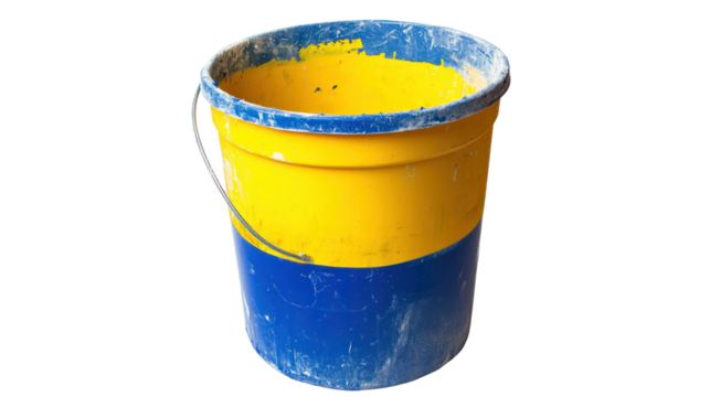 A blue and yellow bucket isolated on a white background, ideal for industrial and construction themes.