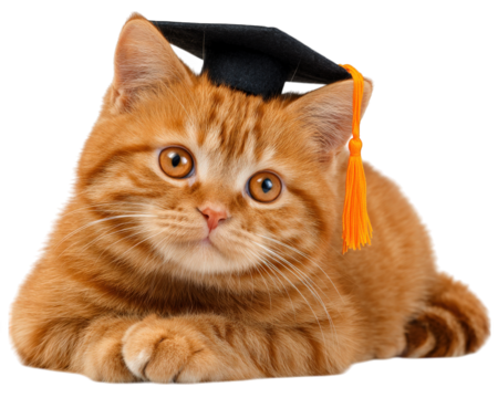 Cute orange cat with bright eyes wearing tiny graduation cap, resting comfortably. This adorable feline exudes charm and playfulness, perfect for celebrating achievements