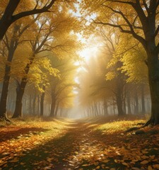 Fototapeta premium Sun-dappled autumn clearing, dense deciduous foliage, vibrant green and gold leaves , gold, vibrant