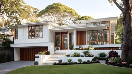 Fototapeta premium Modern suburban house exterior featuring clean architectural lines under soft afternoon sunlight, minimal landscaping and contemporary residential design aesthetics