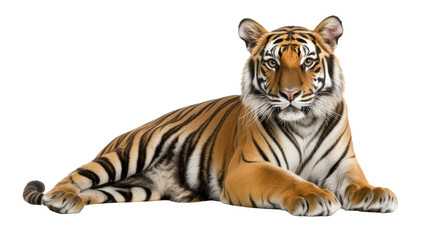 Fototapeta premium A majestic tiger resting, showcasing its striking orange and black stripes on a white isolated background.