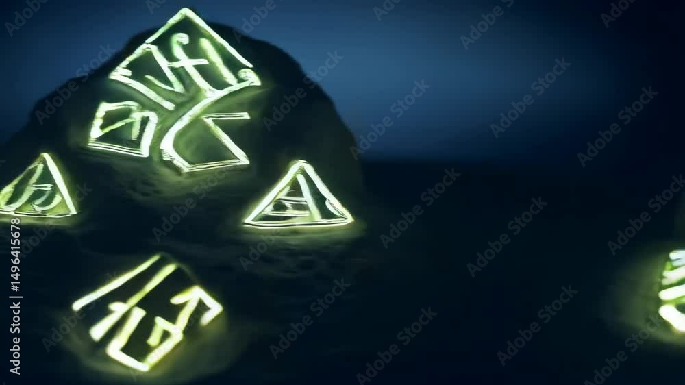 Poster glowing geometric shapes with mysterious symbols on a rock formation against a dark background creat