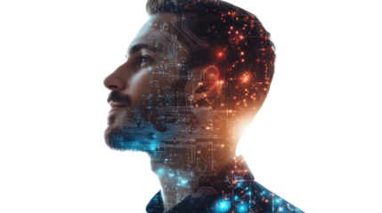 A profile view of a man with a digital overlay, symbolizing technology and innovation against a white background.