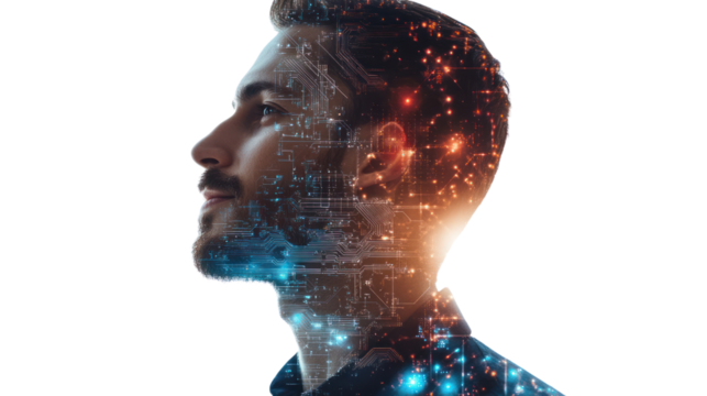 A profile view of a man with a digital overlay, symbolizing technology and innovation against a white background.