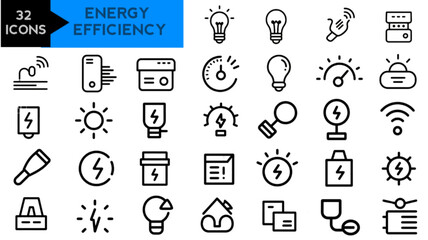 Set of 32 outline icons related to energy efficiency. Linear icon collection. Editable stroke. Vector illustration