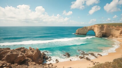 Oceanic Archway Beach Scene Tranquil Waves Crashing on Golden Sands