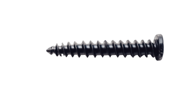 Black screw on a white isolated background, perfect for industrial and construction themes.