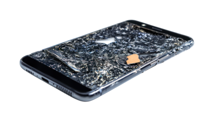 Broken smartphone with shattered screen, isolated on white background.