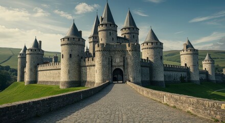Fototapeta premium Castle in the Sunlight: An imposing, old stone castle stands proudly, its towers piercing the sky, connected by a long bridge, against a serene, bright landscape