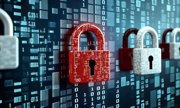 A digital illustration of red and white padlocks against the backdrop of binary code, symbolizing network security in business. The background is dark blue with grayish-white numbers representing data