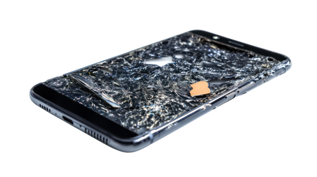 Broken smartphone with shattered screen, isolated on white background.