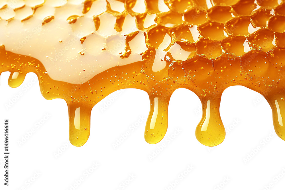 Poster golden honeycomb dripping with thick amber honey, close-up view of rich hexagonal texture, isolated 