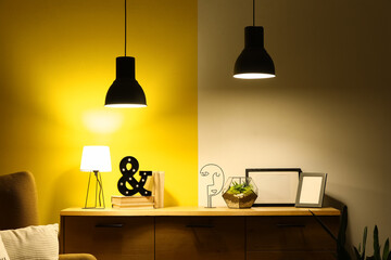 Interior of dark living room with commode and glowing lamps