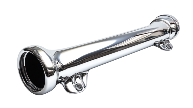 Chrome metallic pipe, isolated on a white background, showcasing modern design and engineering.