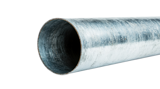 Close-up of a metallic pipe with a textured surface on a white isolated background.
