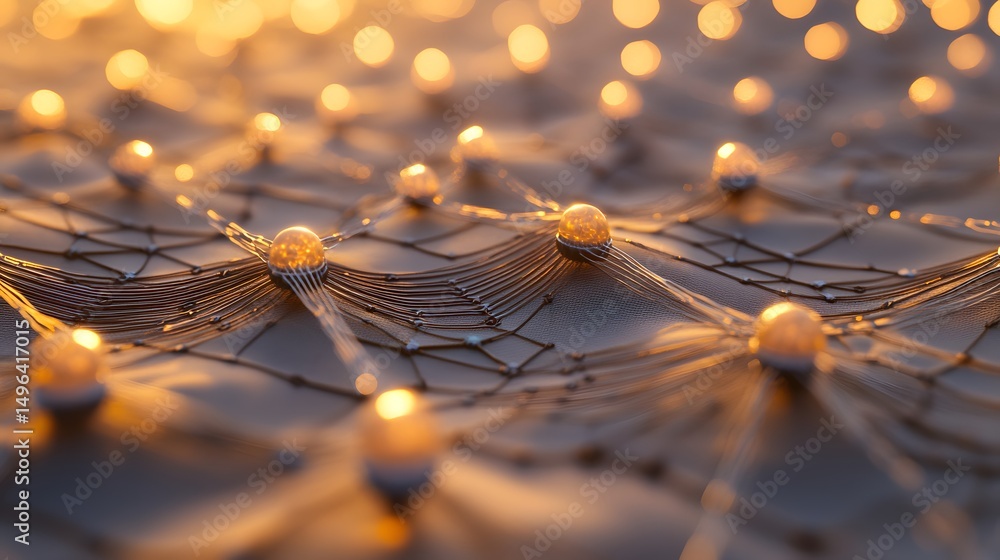 Poster abstract network pattern with warm, glowing lights.