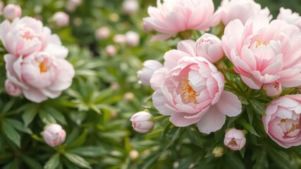 Obraz premium Delicate Pink Peonies Blooming in Lush Green Garden