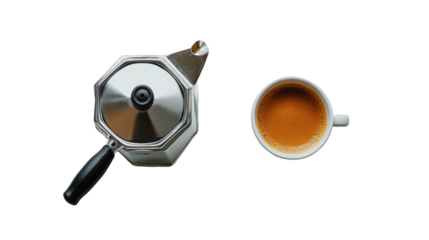 Coffee pot and cup of brewed coffee on a white isolated background.