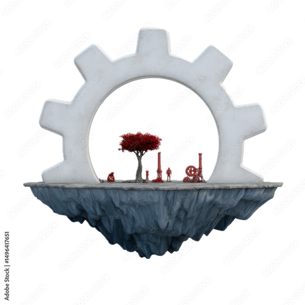 Poster cartoon 3d of an island styled as a giant gear with factory elements and worker robots, isolated on 