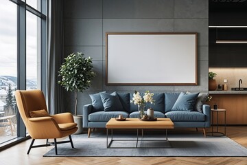 Scandinavian Lounge Aesthetic with Blank Rectangle Poster Frame in Contemporary Office Design