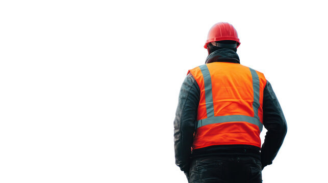 Construction worker in safety vest and helmet, standing with back to camera, isolated on white background.