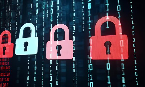 A digital illustration of red and white padlocks against the backdrop of binary code, symbolizing network security in business. The background is dark blue with grayish-white numbers representing data