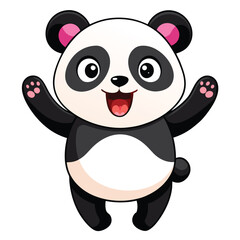 A delighted baby panda with its arms raised and a surprised expression appears to be jumping  a white background.
