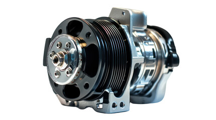 Detailed image of a high-quality automotive air conditioning compressor, isolated on a white background.