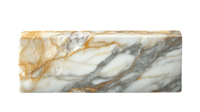 Elegant marble block with unique white and gold veining, isolated on a white background.
