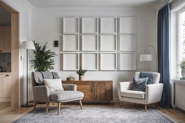 Fototapeta premium Bright Scandinavian-Inspired Living Room with Empty Vertical Canvas Frame Display and Cozy Armchair