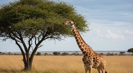 Fototapeta premium Giraffe in Savanna: A towering giraffe gracefully reaches for leaves in the heart of the vast savanna. capturing the essence of untamed beauty and wild nature