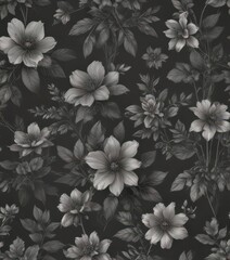 Fototapeta premium Subtle charcoal floral wallpaper, delicate botanical print, pattern, monochrome, textile