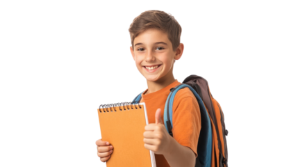 Happy boy with backpack, holding a notebook and giving a thumbs up, isolated on white background.