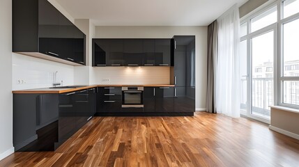 Modern minimalist kitchen interior featuring black cabinetry and warm wooden flooring, illuminated by natural window light, showcasing clean lines and contemporary home design aesthetics