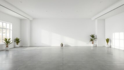 Spacious minimalist interior with large window and potted plants