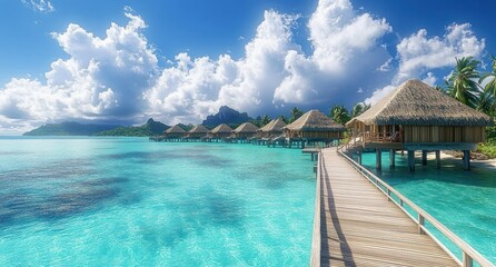 Overwater wooden bungalows with thatched roofs on stilts along a walkway over clear turquoise ocean water under a blue sky with white clouds and distant green tropical mountains