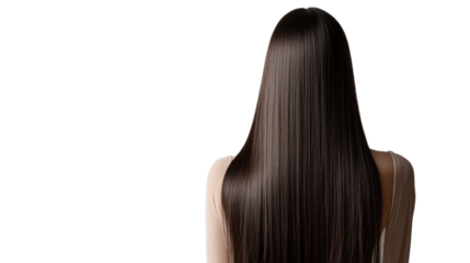 Long, silky black hair viewed from the back, highlighting elegance and beauty.