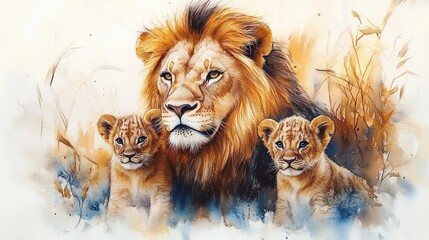 Majestic adult lion with two attentive lion cubs surrounded by dry grass in a serene natural setting, evoking a sense of protection and family bond