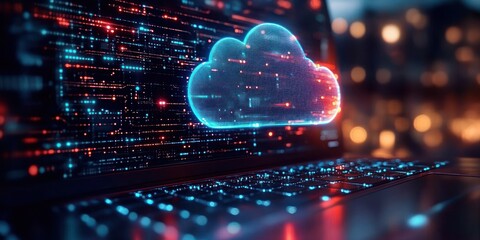 Glowing digital cloud icon floating above illuminated laptop keyboard conveying futuristic technology and data transfer
