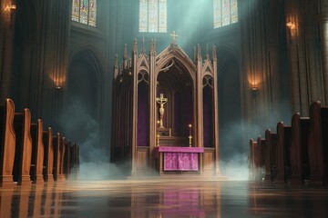 Interior of a large cathedral with gothic architecture featuring a central altar adorned with a crucifix, purple cloth, stained glass windows, wooden pews, and atmospheric light filtering through mist