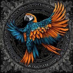 Fototapeta premium Detailed illustration of a vibrant macaw with outstretched wings.
