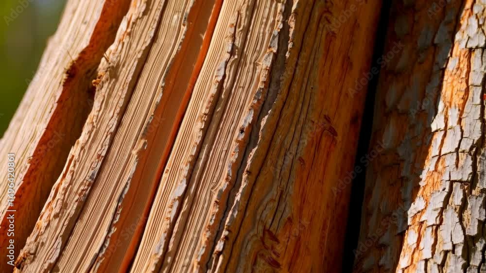 Poster close up of a weathered tree trunk showcasing bark peeling and natural texture in a forest setting.