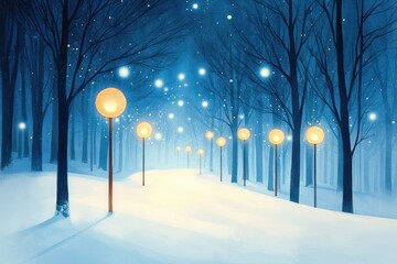 Snow-covered forest path illuminated by a row of glowing street lamps under a starry blue night sky with softly falling snowflakes